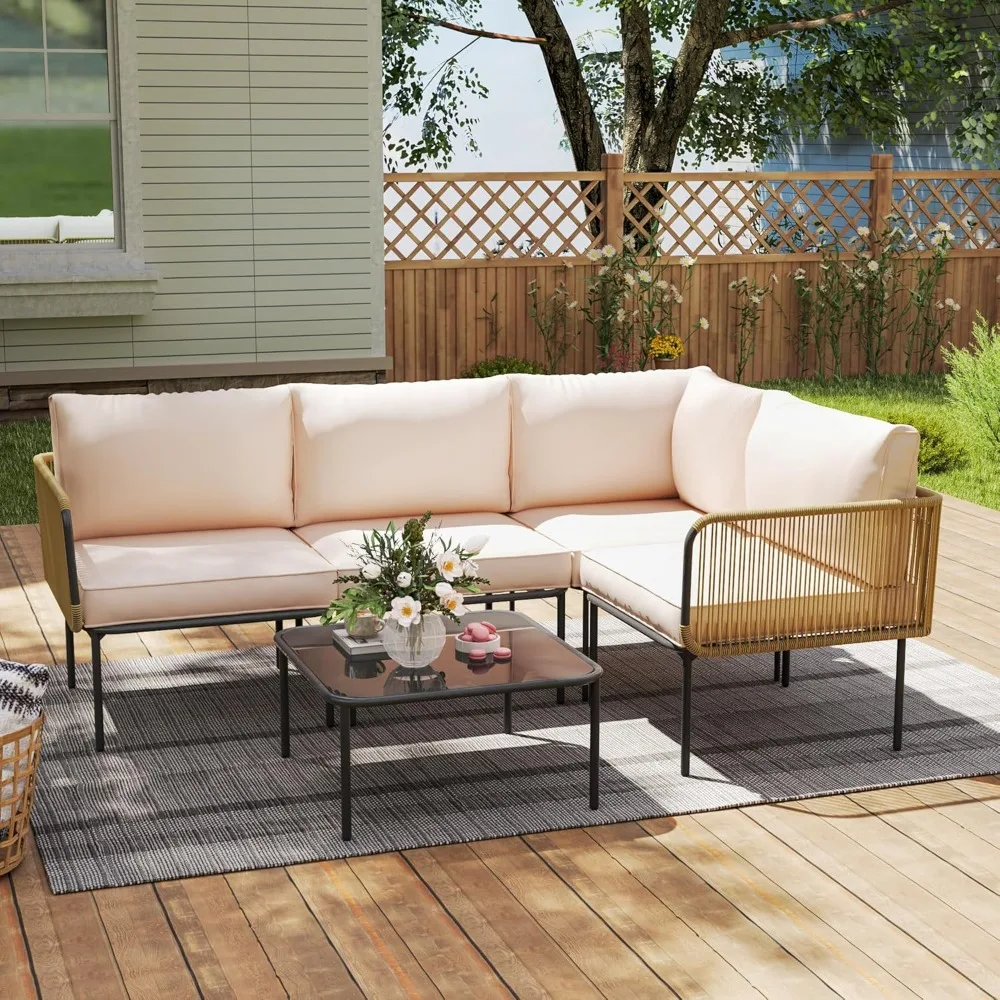 

Patio Furniture Set, 5 Piece Outdoor Patio L-Shaped Conversation Set with Cushions and Table, All-Weather Rattan Woven Sectional