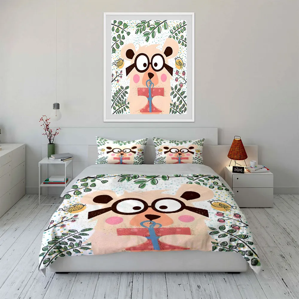 Bear with Glasses and Pink Gift cartoon Print Soft Comfortable Duvet Cover Bedding Set Included 1*Duvet Cover  2*Pillowcases