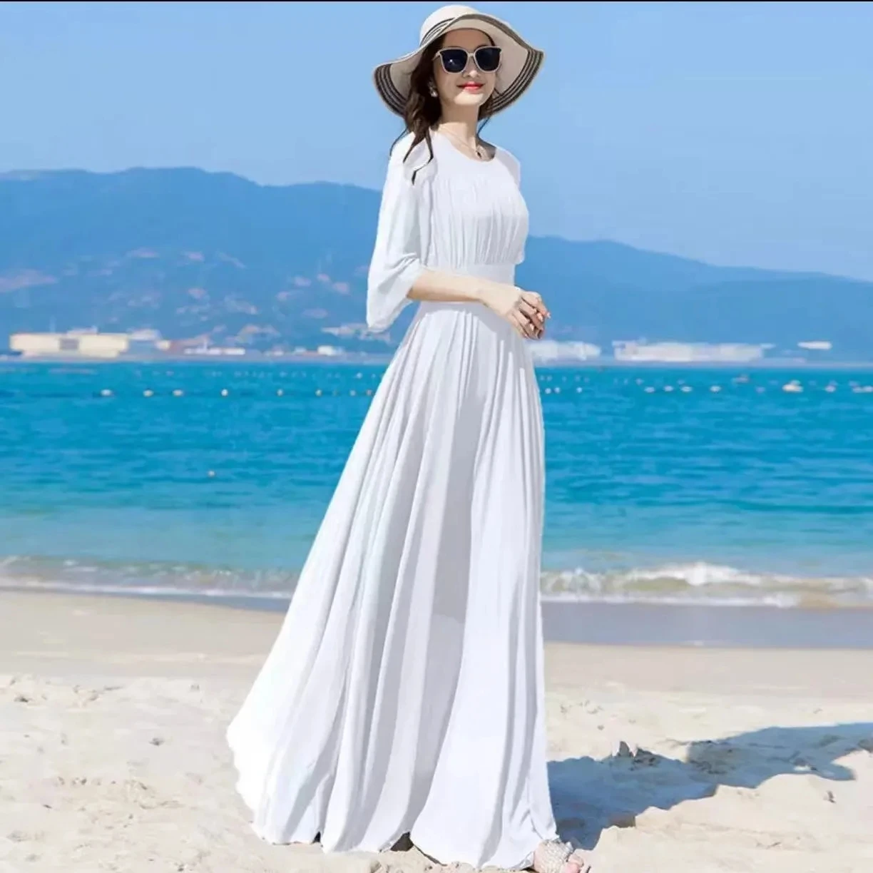 2025 zomer nieuwe chiffon lange jurk voor dames modieuze effen kleur elegant temperament slanke strandvakantie jurken vrouwelijk