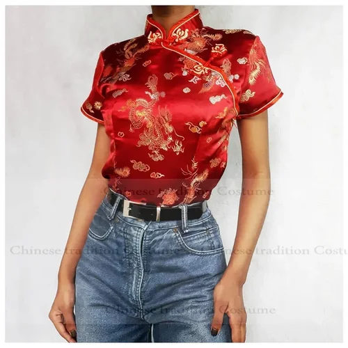 Imagen 2 del producto Camisa Qipao de manga corta para mujer, ropa Tang de estilo chino tradicional, ropa china de Jacquard satinado, blusa Hanfu de gran tamaño 4XL