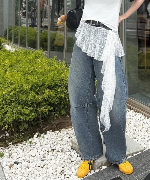 Jeans pantalons décor brodé fleur dentelle Mini jupe irrégulière voir à travers des jupes froncées taille haute Harajuku jupes plissées