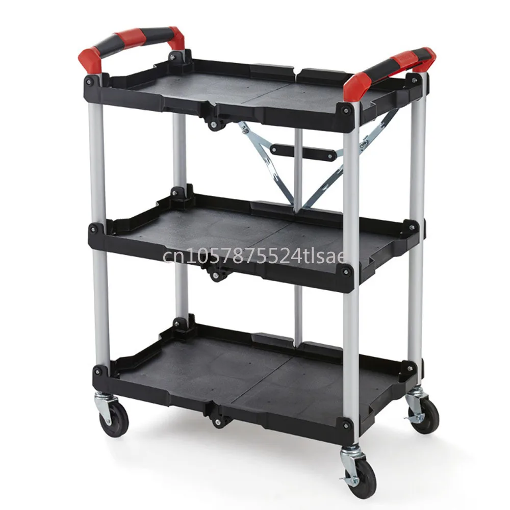 Multifunctional three-layer foldable plastic service trolley with wheels for storage and organization