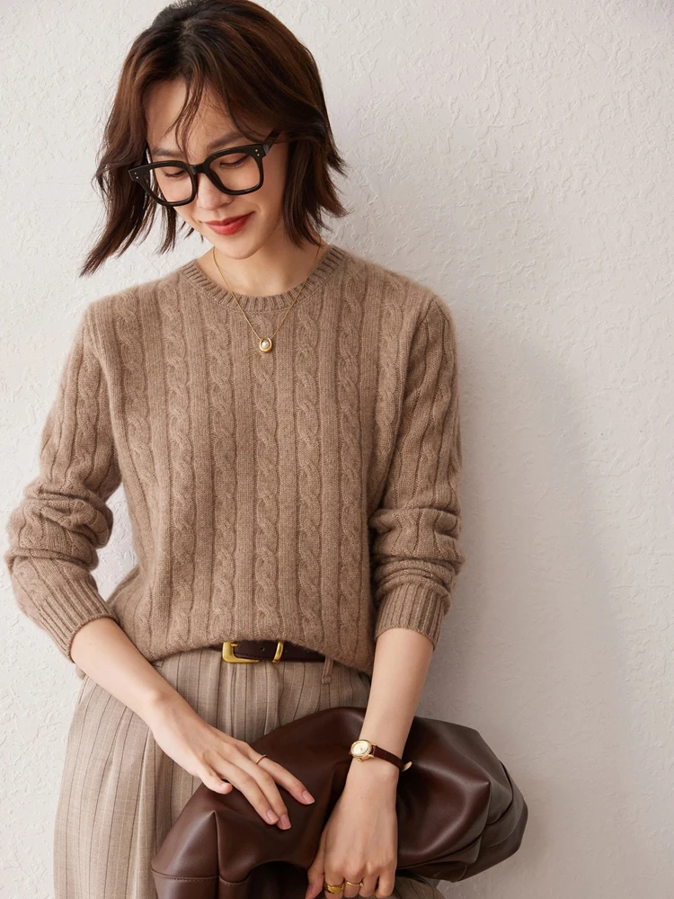 CHICUU Women 100% Cashmere Sweater O-neck Pullover Cable Knitting Vintage Preppy Style Cashmere Knitwear Autumn Winter Clothing