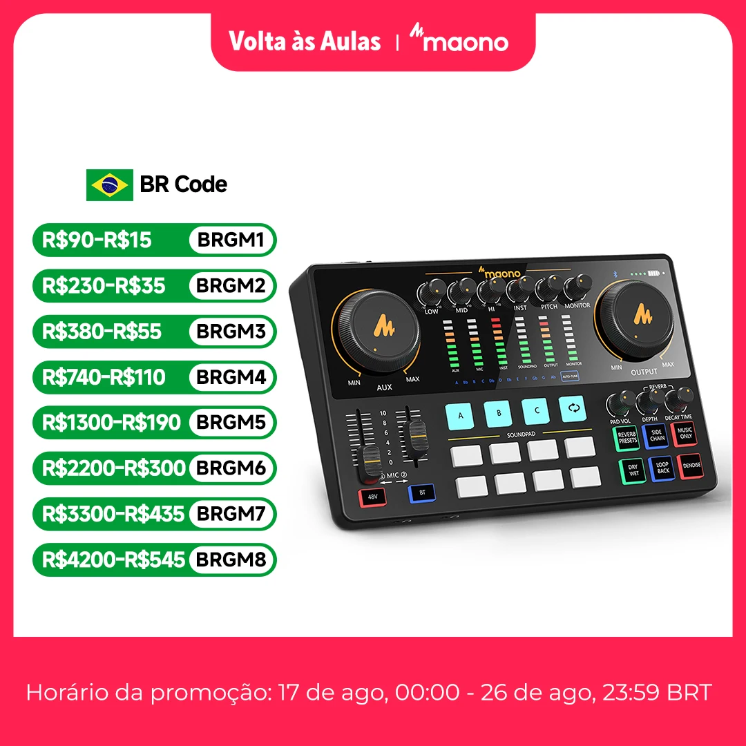 Controlador de Som MAONO AME2, Mixer DJ, Placa de Som com Entrada de Microfone XLR/6.35+3.5mm, Equipamento Portátil para Gravação em Estúdio e Streaming Ao Vivo