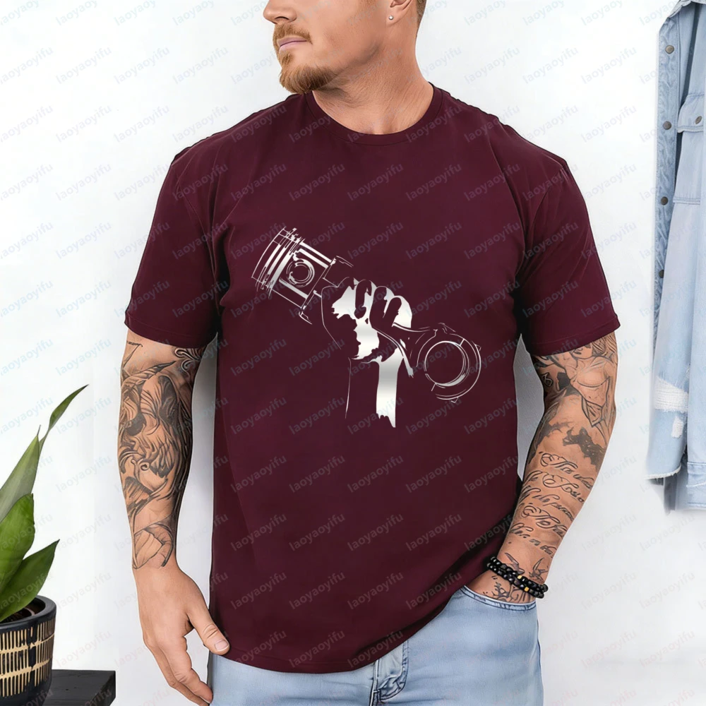 Strong Hand Holding Piston Art Shirt Fierce Car Enthusiast Cotton Tee Mechanic Summer Fashion Vintage Breathable Men's Clothing