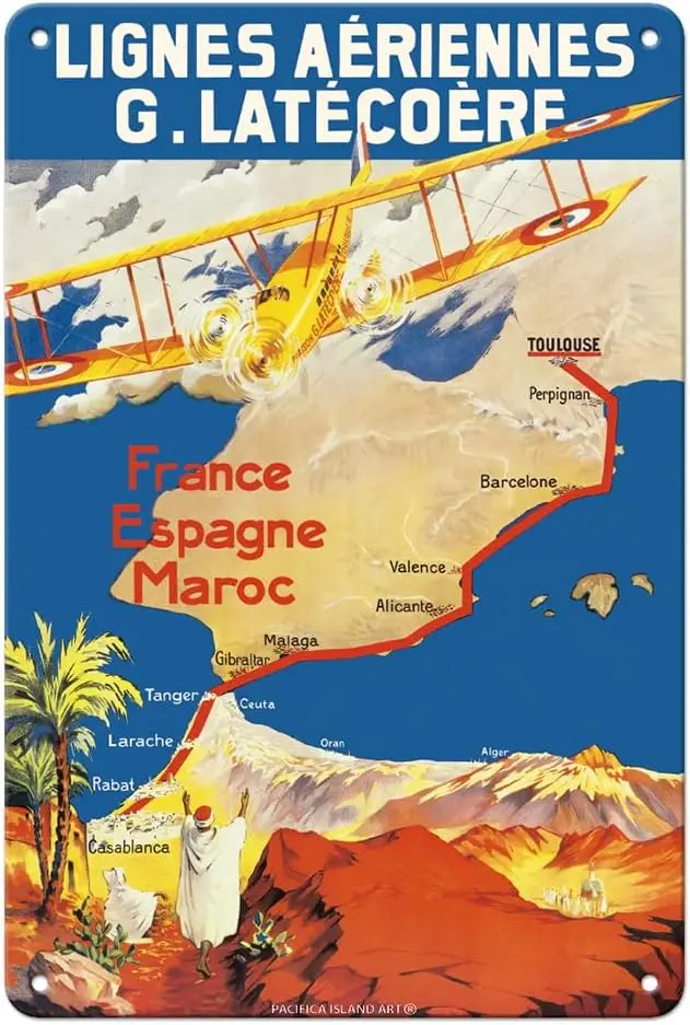 Pacifica Island Art France - Spain - Morocco - Lignes Aeriennes (Aéropostale) - Vintage Airline Travel Poster c.1920-8 x 12 sign
