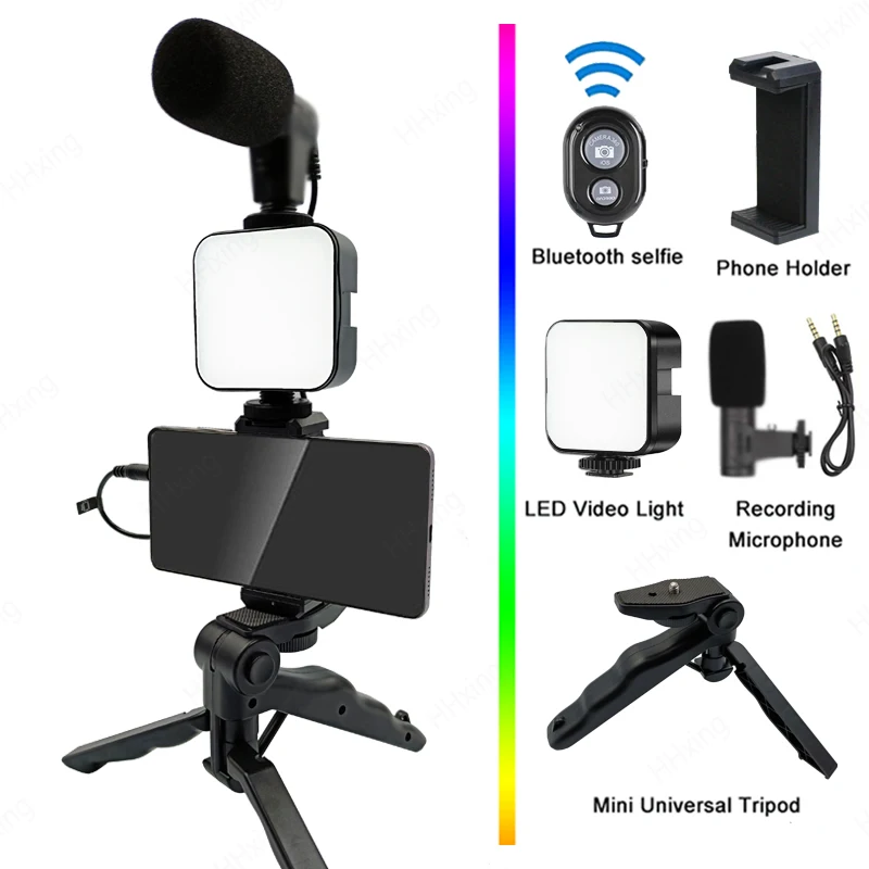 Telefoonhouder Fotografie Verlichting Smartphone Video Kit Microfoon LED Selfie Statief Opnamehandvat Draagbare stabilisatorbeugel