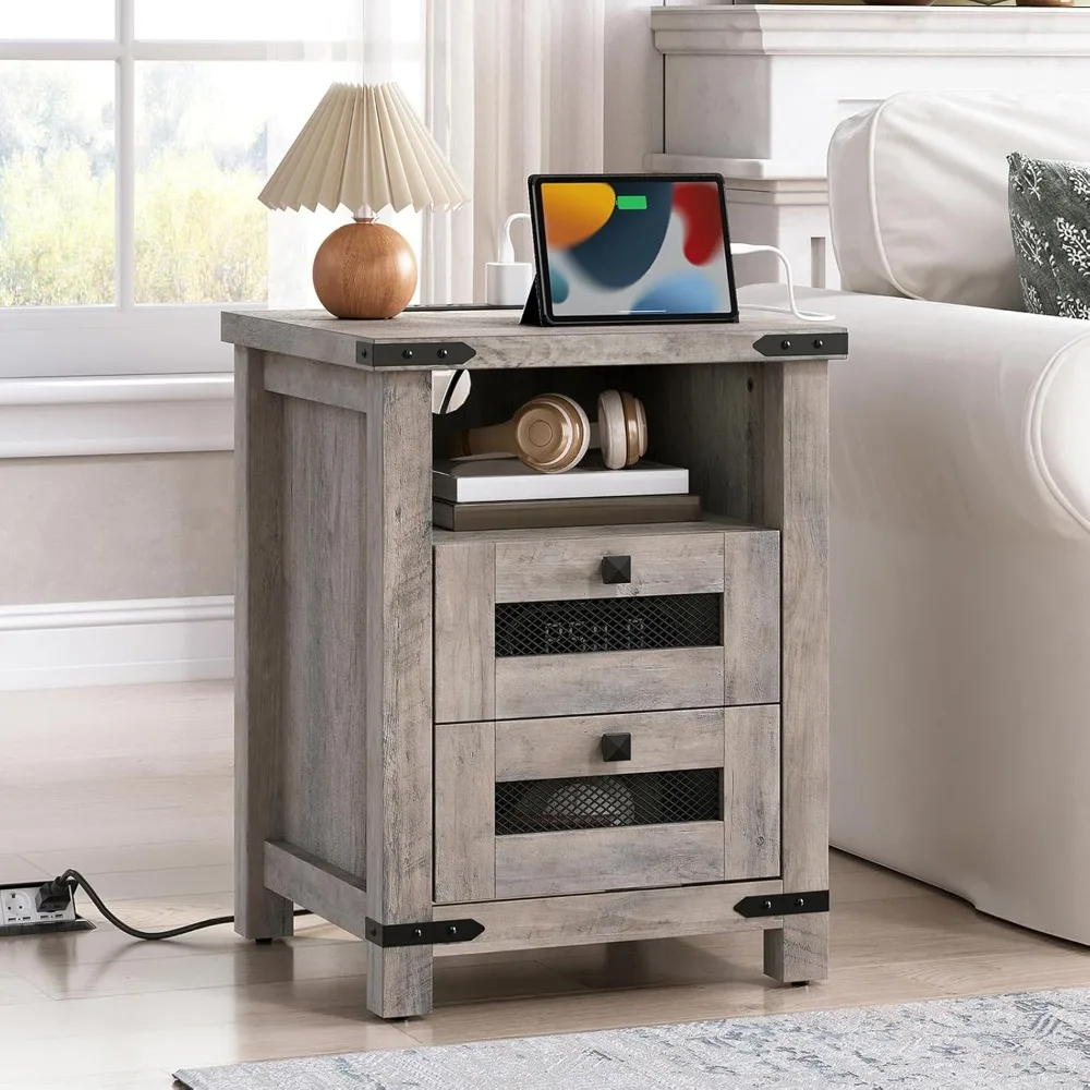 Bedside table with charging station, farmhouse end table with 2 drawer lockers, sofa side table, 18