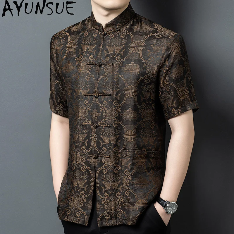 AYUNSUE New 65% Mulberry Silk 35% Viscose Shirts for Man 2026 Short Sleeve Tops Fashion Thin Shirt Men Clothing Chemise Homme