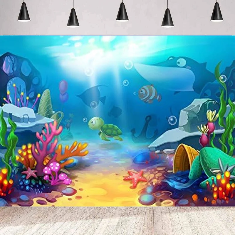 Under The Sea Photography Backdrop TUnderwater Fishes Seabed Background Wall Poster Banner Kids Baby Shower Birthday Party Decor