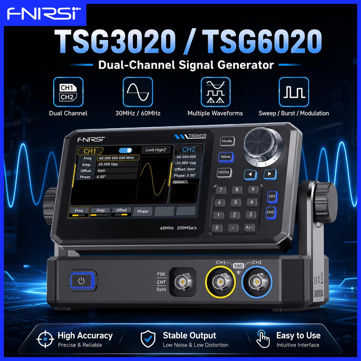 FNIRSI TSG6020 2CH Function Signal Generator 60MHz 200MSa/s 4.3″ Touchscreen TSG3020 30MHz for Electronic Testing Repair Tools