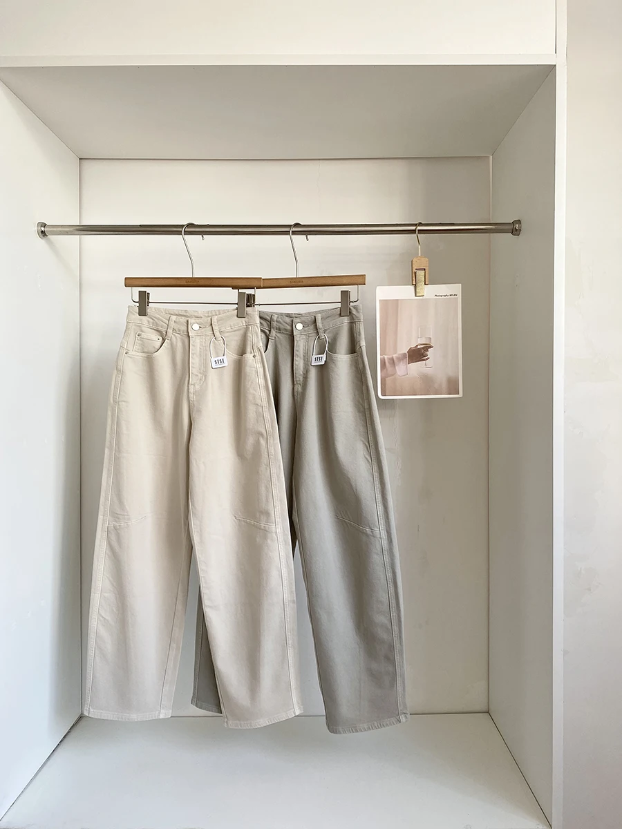 

Женские джинсы с высокой талией и широкими штанинами в стиле ретро, новинка весеннего сезона, простые джинсовые брюки из выстиранного денима, свободный крой, корейская версия, визуально стройнящие фигуру