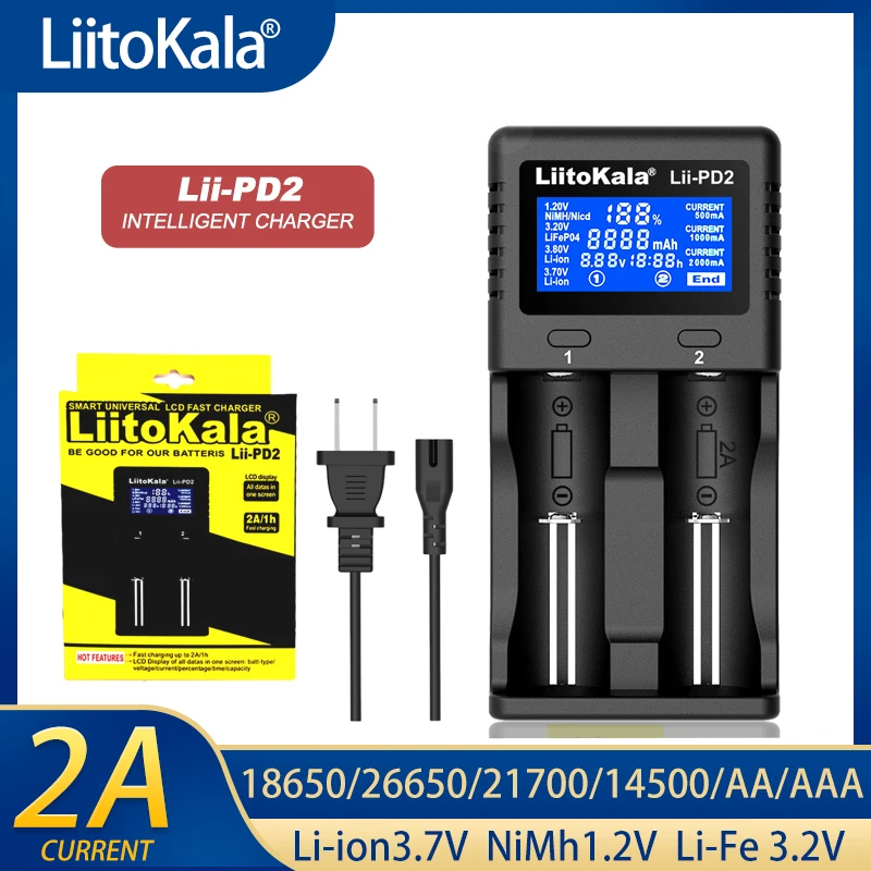 LiitoKala Lii-PD2/S2 ładowarka do 18650 26650 21700 18350 AA AAA 3.7V/3.2V/1.2V baterie litowe NiMH 18650 ładowarki