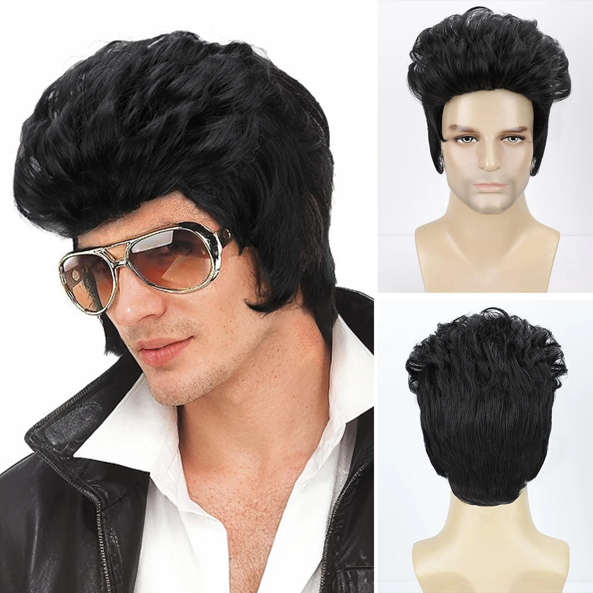 BCHR 50s Rock Legend Black Synthetic Wig Men Singer Rocker Costume Wigs for Cosplay Halloween Party