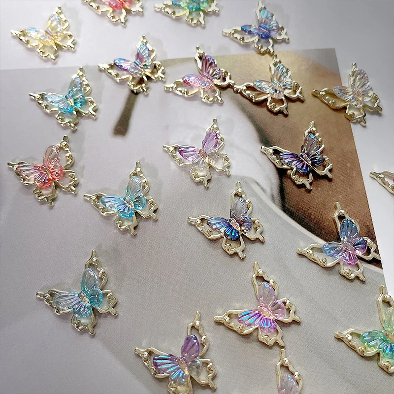 10 個グリッターネイルチャーム蝶 3d 合金カラフルなグラデーション蝶ネイルアートデコレーションネイルアクセサリー用品