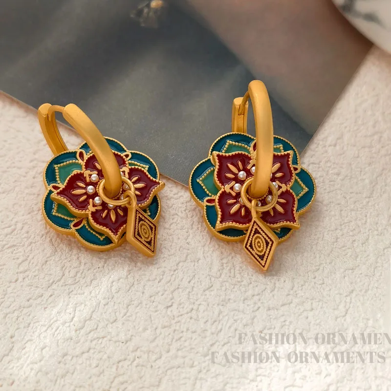 Fashion Jewelry Vintage Temperament Splicing Color Buckle With Enamel Drop Earrings For Girl Women Popular Ear Accessories