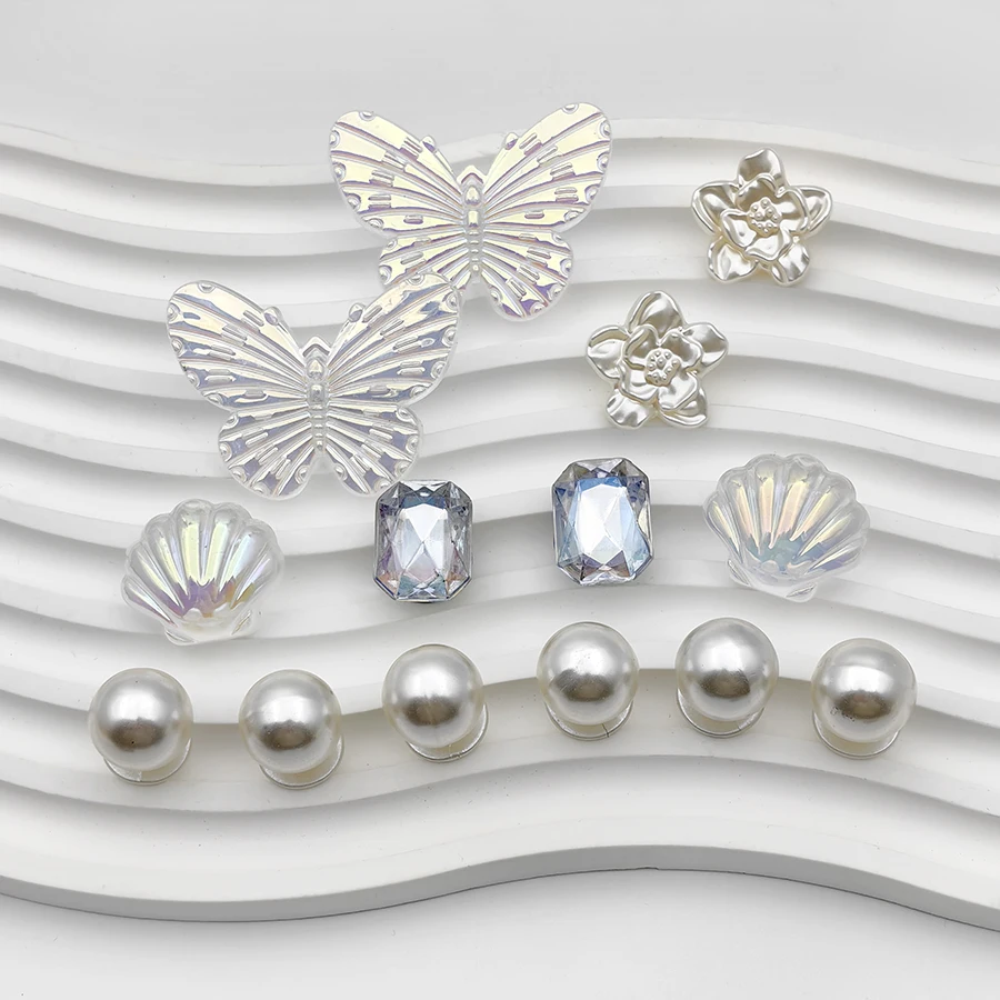 14 Buah Jimat Dekorasi Sepatu ABS Bunga Berlian Mutiara Putih Transparan Cocok untuk Bakiak CROCS