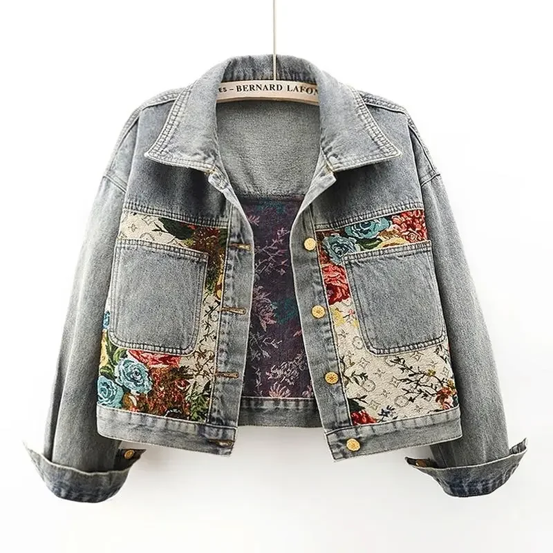 

Vintage Patchwork Denim Jacket Autumn Women Clothing Streetwear Casual Long Sleeve Single-breasted Cowboy Coat Design Short Tops