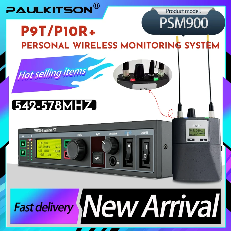 Système de monitoring intra-auriculaire sans fil stéréo Paulkitson PSM900 avec récepteur bodypack pour retour de scène, commutation mono/stéréo pour DJ