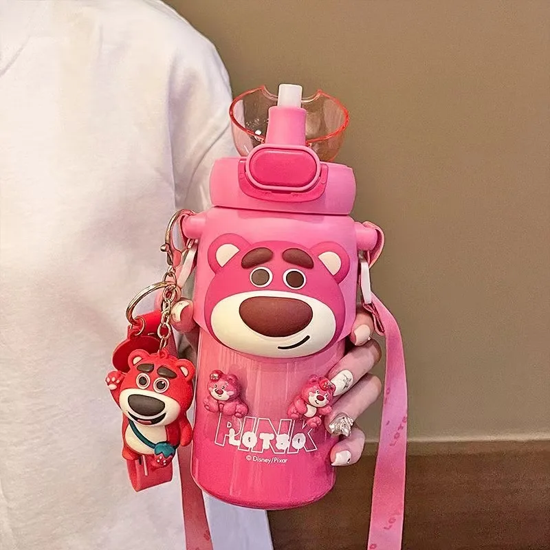 Cute Girl Straw Insulation Bottle Steel Drink Water Cup Cross Shoulder Portable Thermos Flask Vacuum Sanrio Lotso Disney Anime