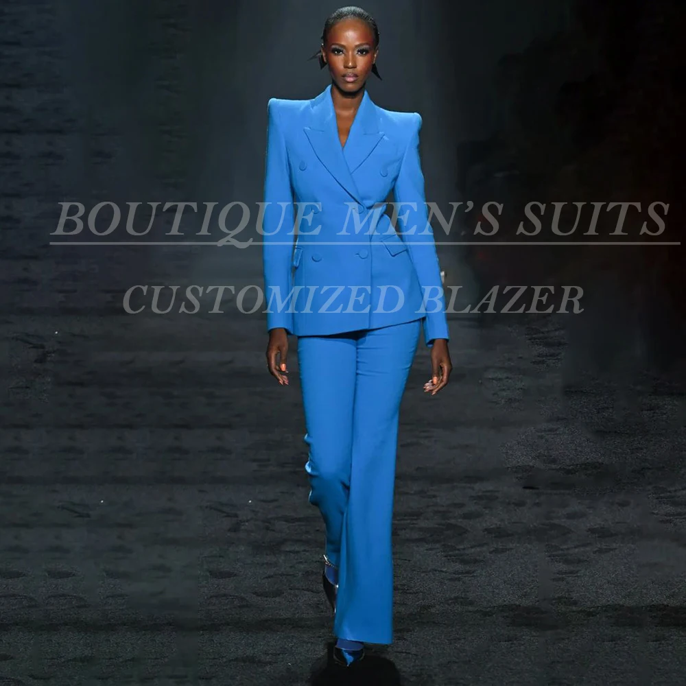 

HIgh Quality Women's Suits Blue Trousers Full Sets Regular Length Double Breasted Peak Lapel Lining Blazer 2 Piece Jacket Pants