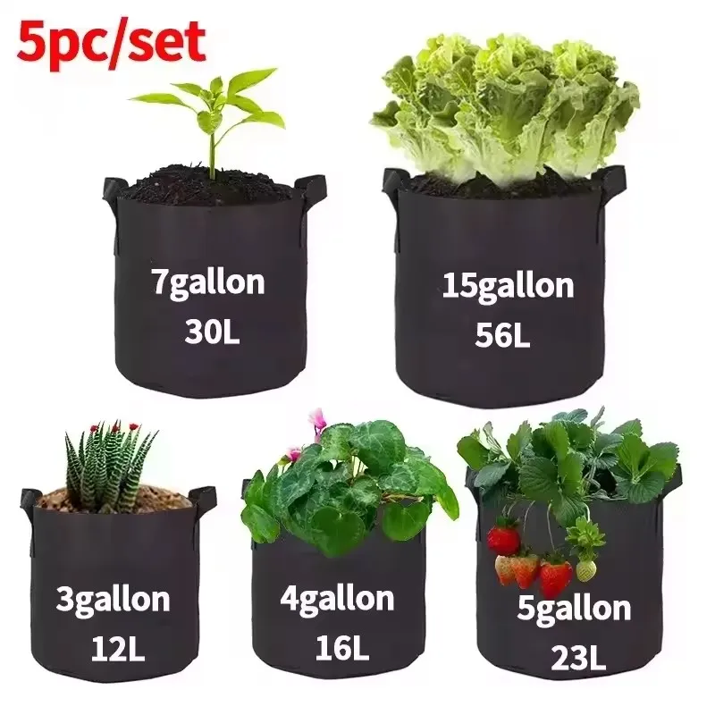 1-5Pcs Vegetable/Flower/Plant Grow Bags 5/10/15Gallons Thickened Non-Woven Grow Bags Aeration Fabric Pots with Handles