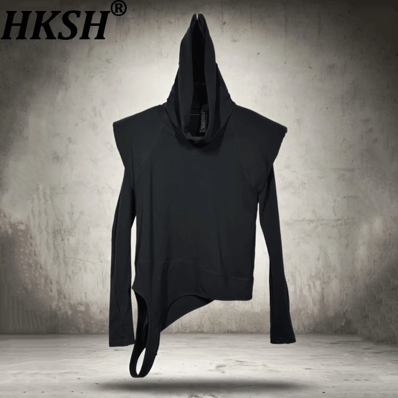 

HKSH Spring Autumn New Men Dark Waste Land Style Shoulder Pad Hooded Deconstructed Asymmetric Design Punk Cotton T-shirt HK16703