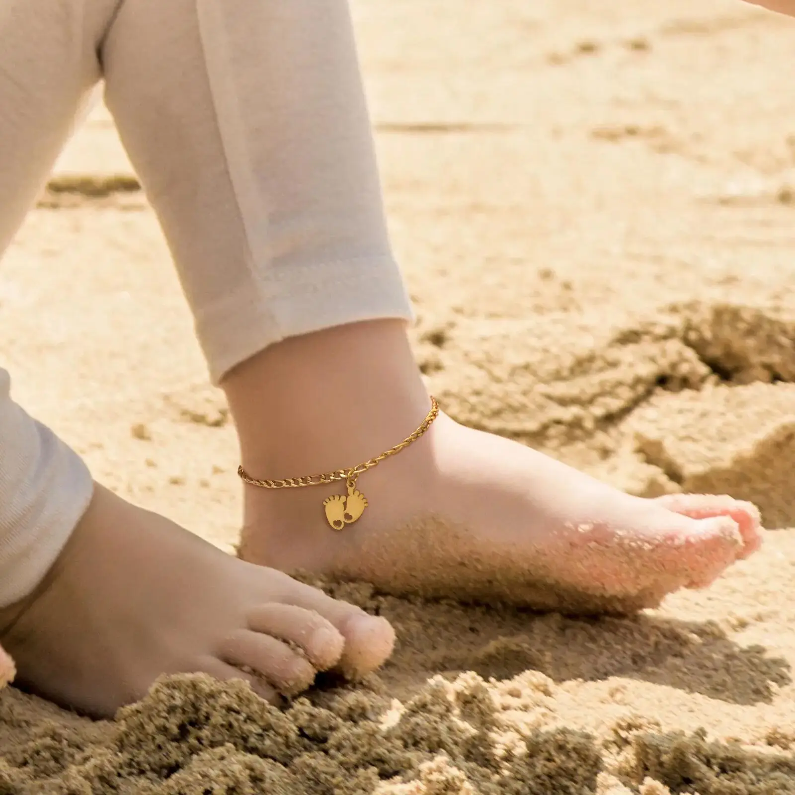 Stainless Steel Figaro Link Chain Anklet Bracelet for Baby Kids Child Girls, First Step Feet Footprint Anklets Birthday Gift