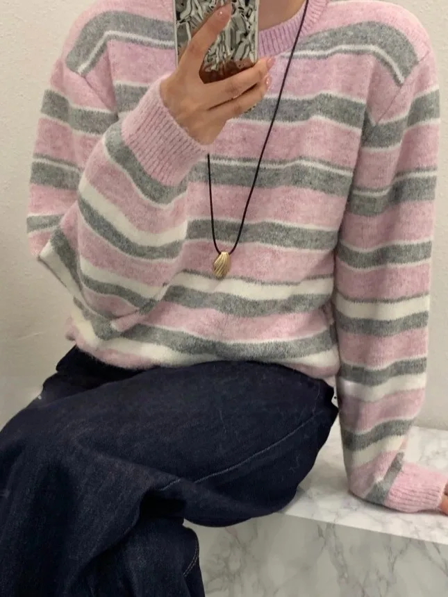 

Fre Stripe Knitwear Long Sve Women's Faion Korean Sle Slimming Sweater Versatile Classic Winter Casual Top