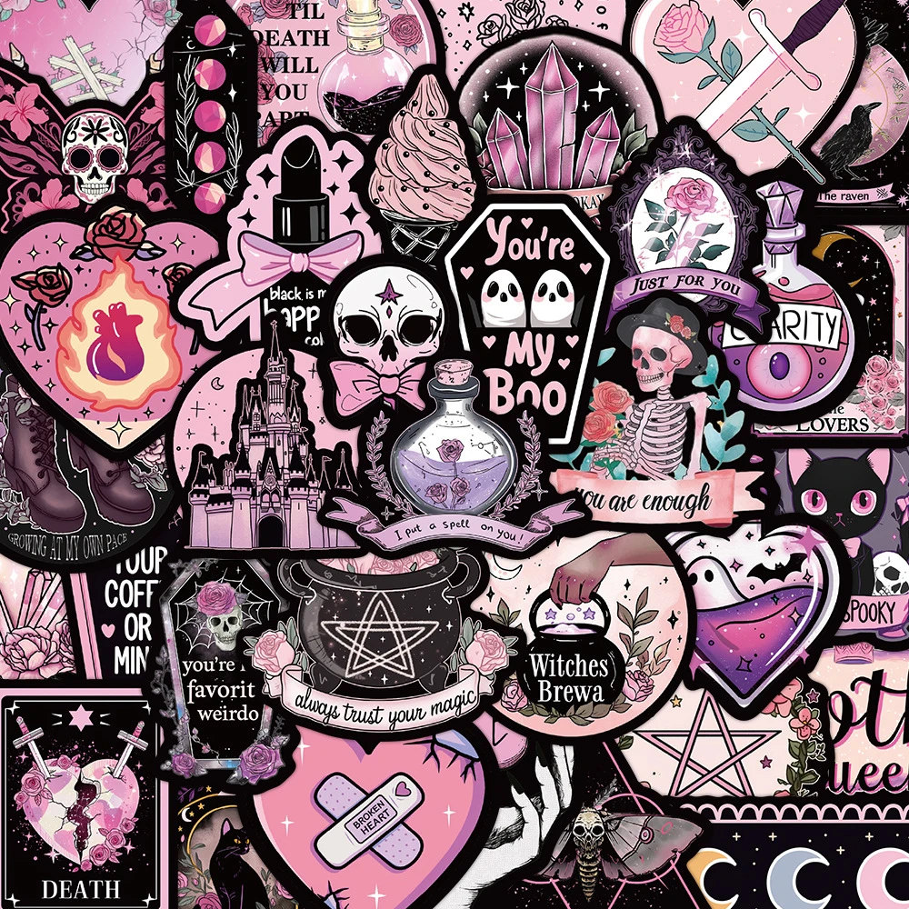 10/30/50pcs Black and Pink Gothic Skull Graffiti Stickers Vintage Magic Witch Decals for Phone Scrapbook Laptop Cool Sticker Toy