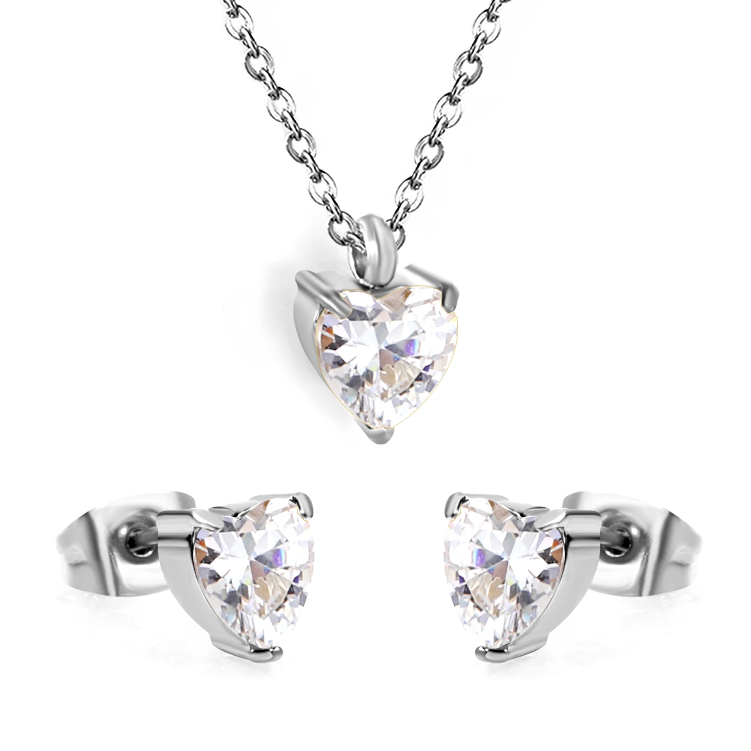 Heart White CZ Stud Earrings & Necklace Set