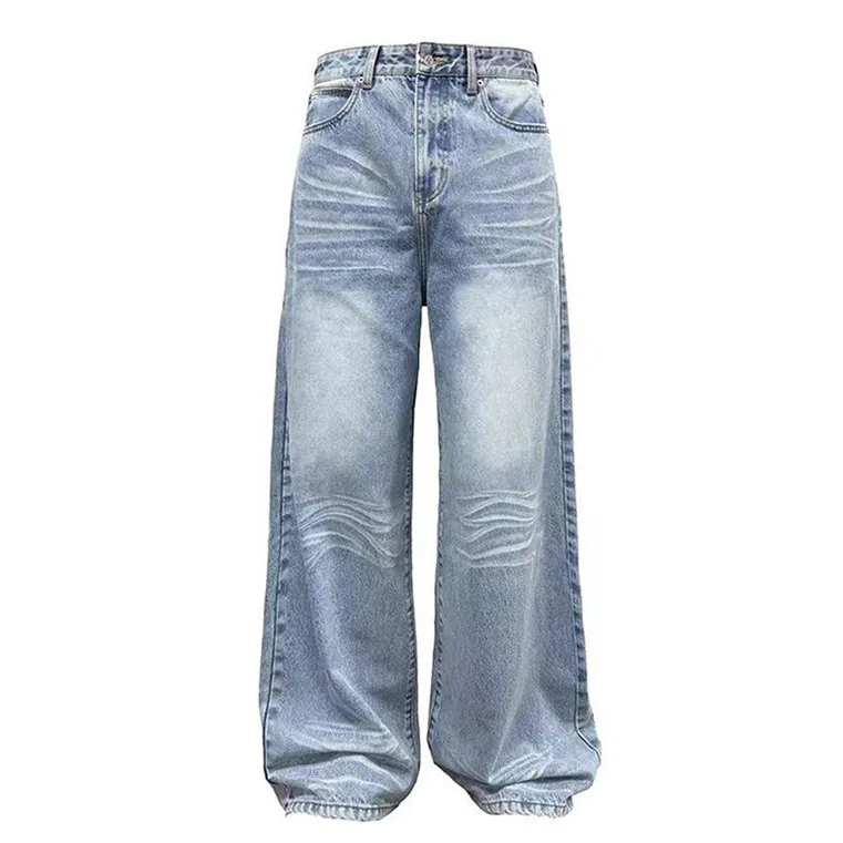 Firmranch Ice Blue Washed Jeans Messy Cat Whiskers Baggy Retro Casual Jeans For Men Women Couple Loose Straight Denim Pants