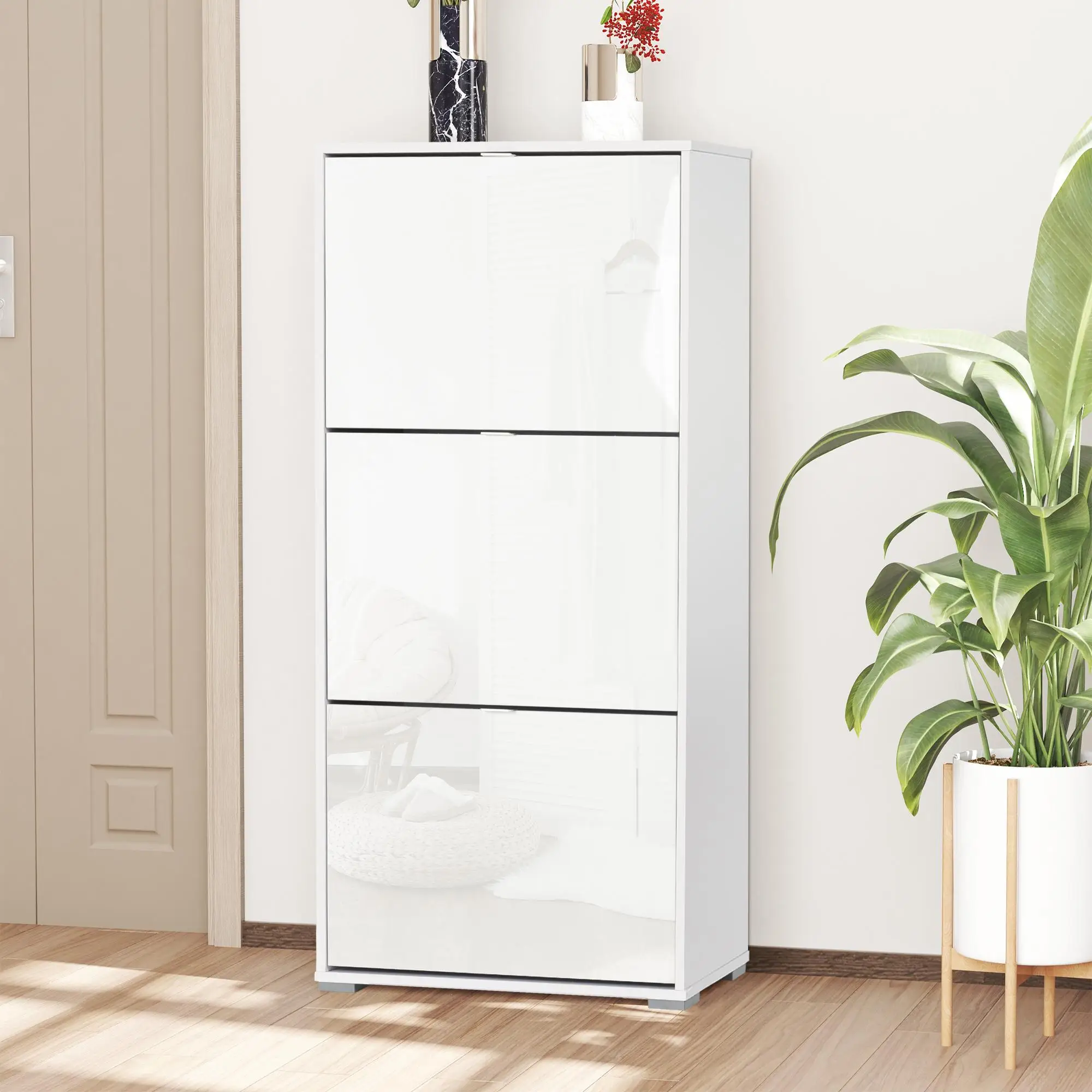 Armoire à chaussures design moderne 60x124x26 cm blanche avec 3 compartiments, capacité 18 paires, pour entrée de couloir, séparateurs réglables