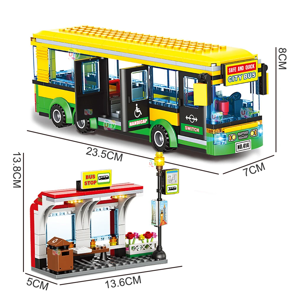 City Car Yellow Passenger School Bus Station Single-Deck Public Set Figures Model Building Blocks DIY Toys for Boys Gifts