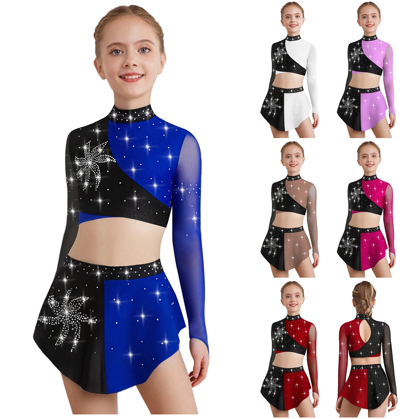 Girls Lyrical Dance Costume Sheer Mesh Long Sleeve Rhinestone Crop Top Leotard Skirt for Modern Dancing Figure Skating Ballet