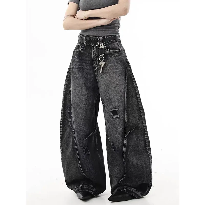 Y2K Black Graffiti Worn Out Womens Jeans High Waist Vintage Straight Baggy Denim Pants Street American Wide Leg Denim Trouser