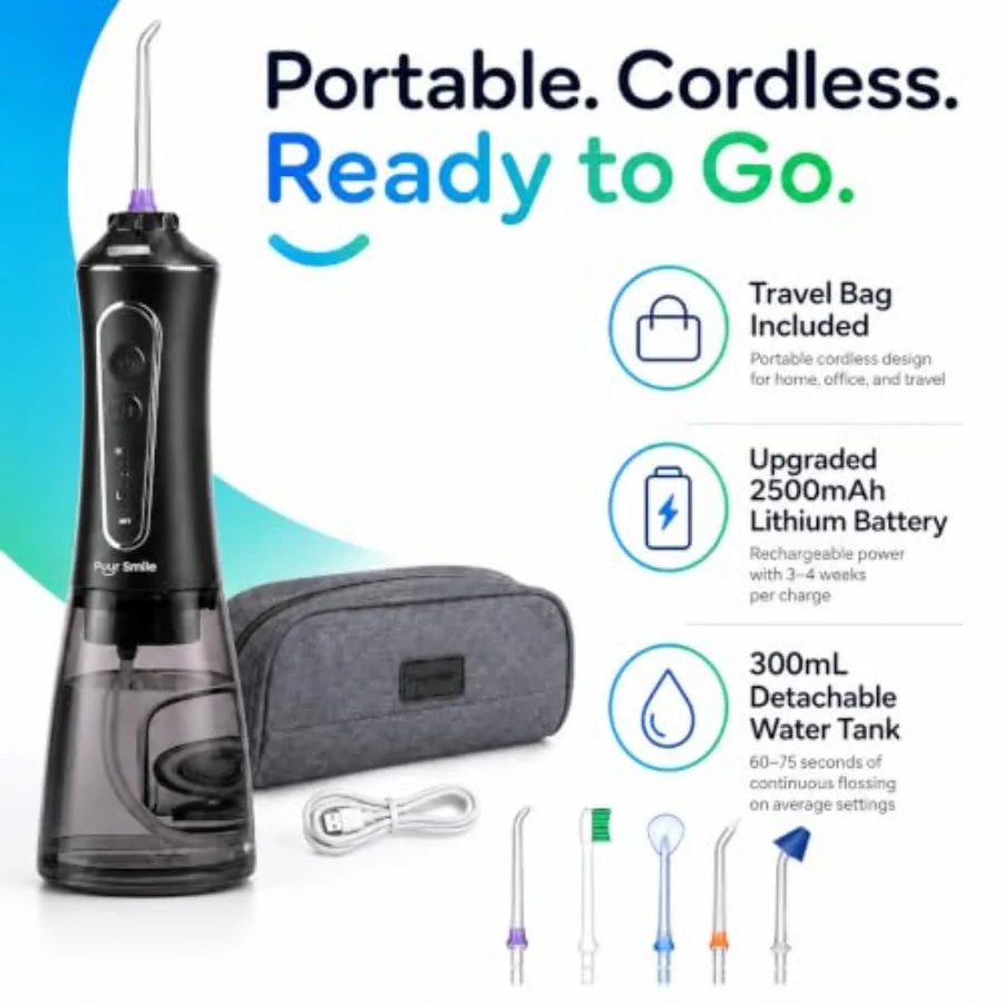 Portable water flosser for travel, ABS plastic, white, cordless rechargeable with IPX7 waterproof rating and 7 tips