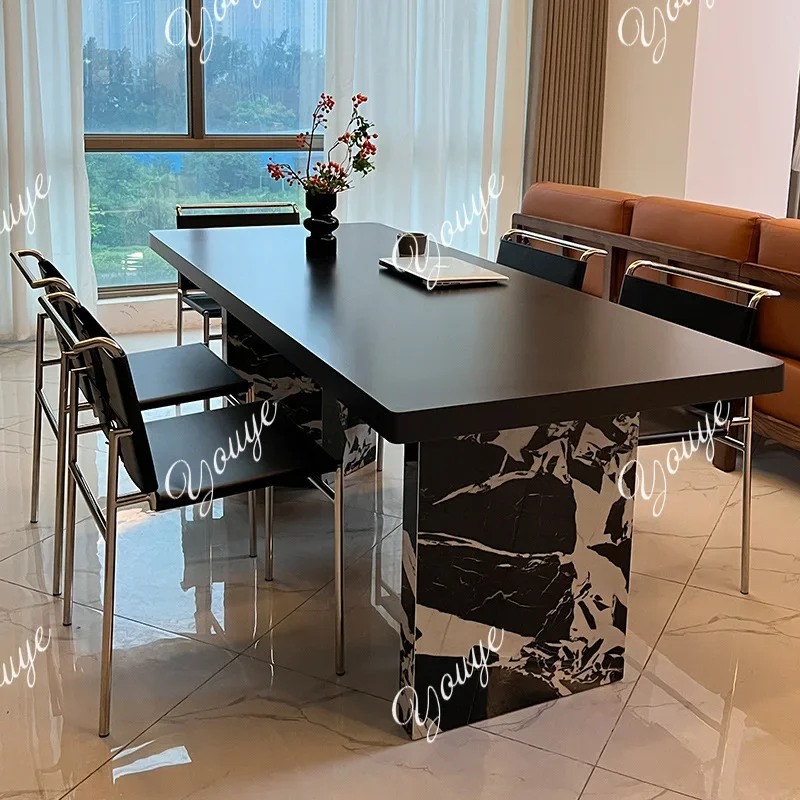 MX Italian Pure Black Rock Slab Dining Table And Chair Combination Bauhaus Style Large Apartment Simple Modern Rectangular Tea D