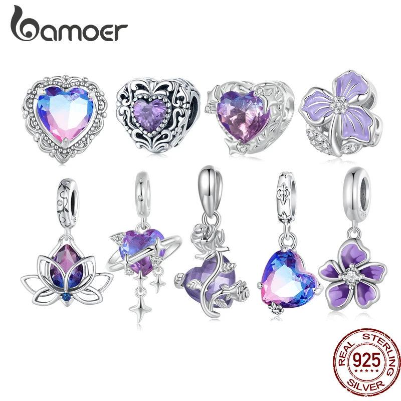 Bamoer 100% 925 Sterling Silver Flower Lotu Heart Star Charm Bead Purple Zircon Pendant Fit Women DIY Bracelet Necklace