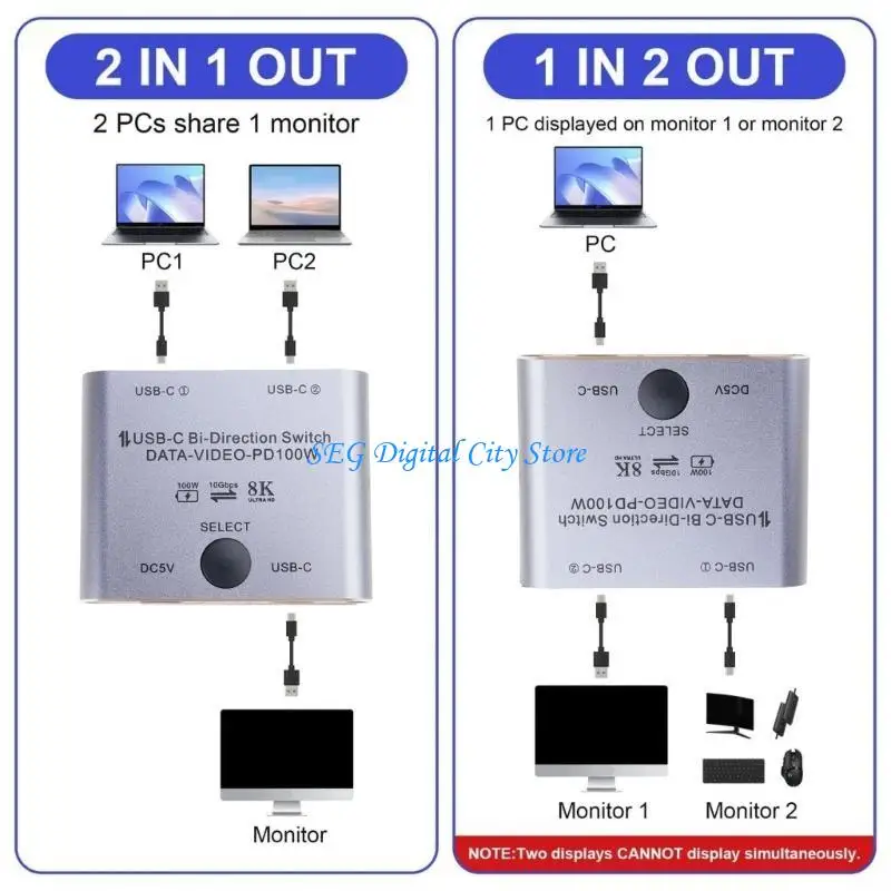 U75B 8K USB C Switcher Splitter voor 2Computer Bidirectioneel type C KVM Switcher Support 100W Oplaad 10 Gbps Data Transfer