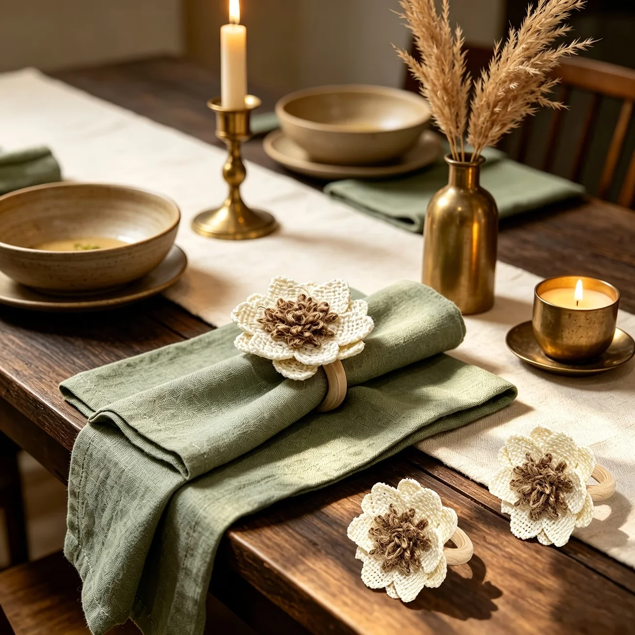 6Pcs Linen Off-White Floral Stocked Napkin Rings Hand-Woven Eco-Friendly Table Decor for Weddings Outdoor Parties Natural Rustic