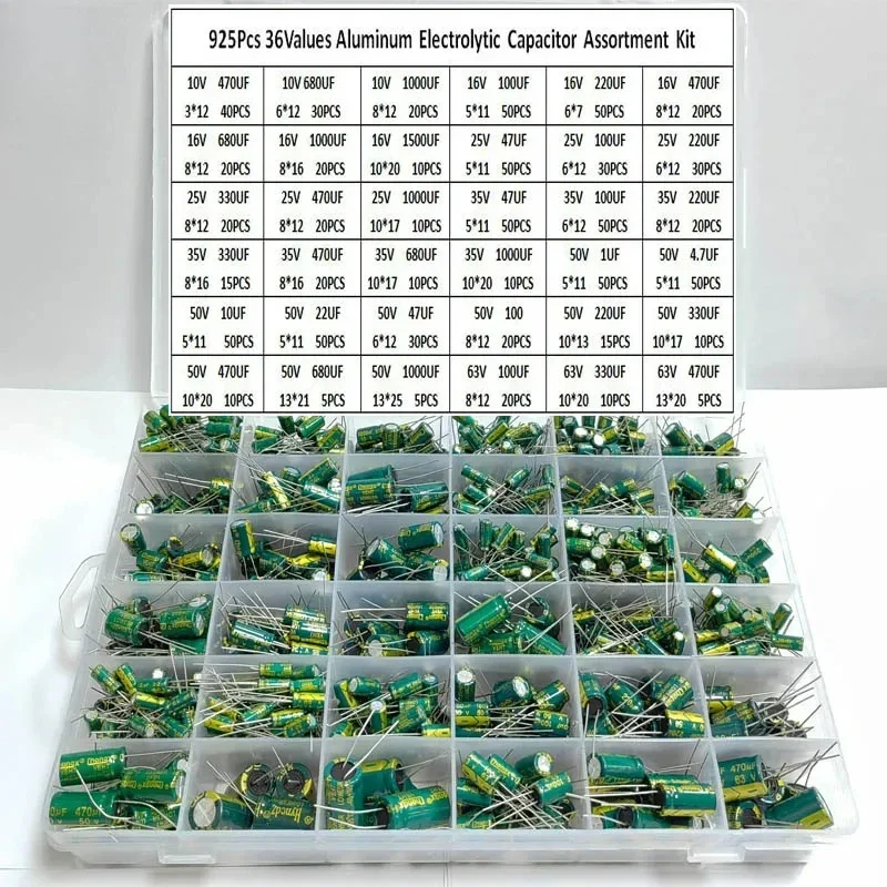 925Pcs 36Values Aluminum Electrolytic Capacitor Assortment Kit Low ESR 1uF 4.7uF 10uF 22uF 47uF 100uF 220uF 330uF 470uF
