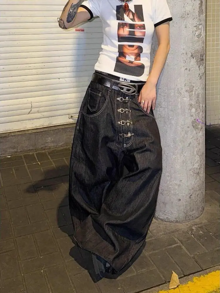Retro American Design Original Jeans Aircraft Buckle Baggy Silhouette Straight Leg Wide Leg Pants Men's Loose Fit Casual Jeans