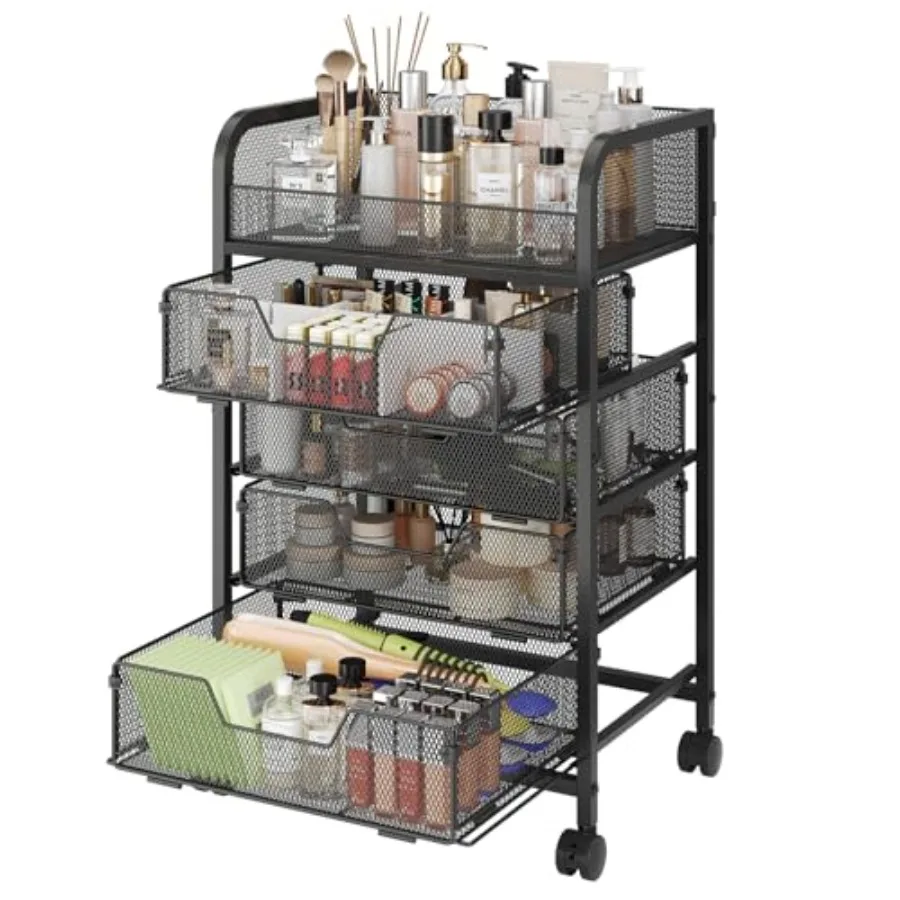 Makeup Cart Organizer with 4 Drawers Vanity Storage Organizer for Large Floor Skincare Organizers Cosmetics Display Cases to Ke