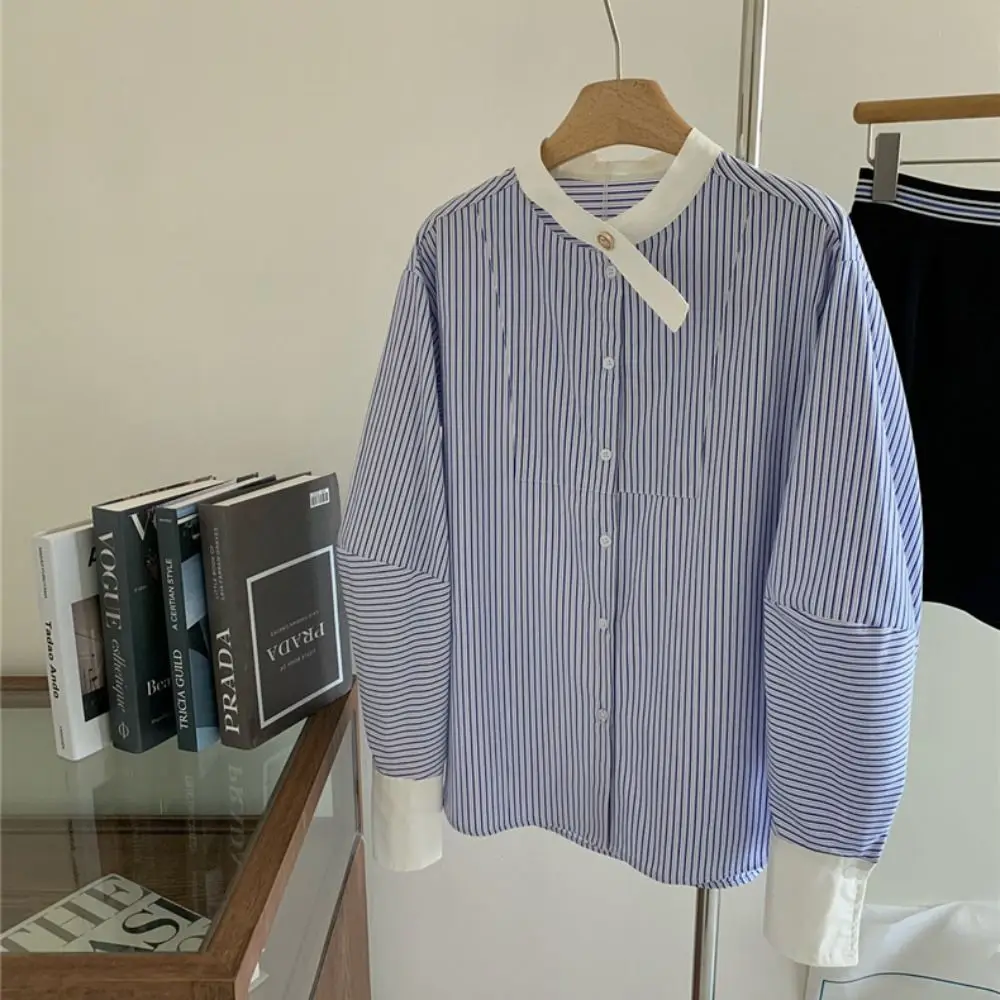 Round Collar Blue Striped Blouse Casual Oversize Long Sleeve Women Shirt Figure Flattering Spring Summer Tunic Tops