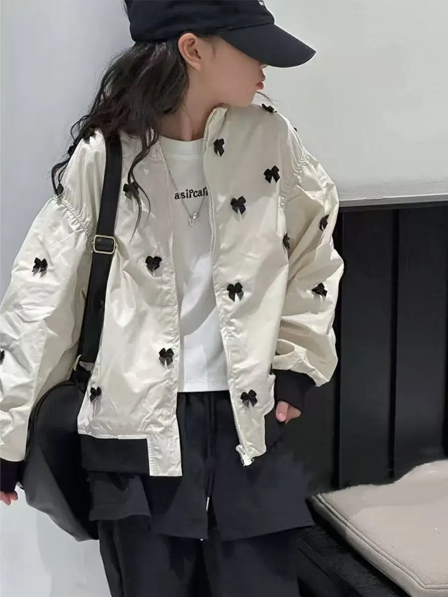 

5 7 9 11 13 15 Year Teenage Girls' Jacket Spring and Autumn New Style Children's Casual Loose Bow Jacket 120-170CM