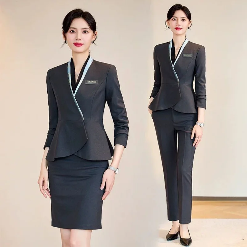

Серый костюм для женщин, весна и осень 20225, новый стильный и элегантный деловой наряд, форма для официальной приема в отеле