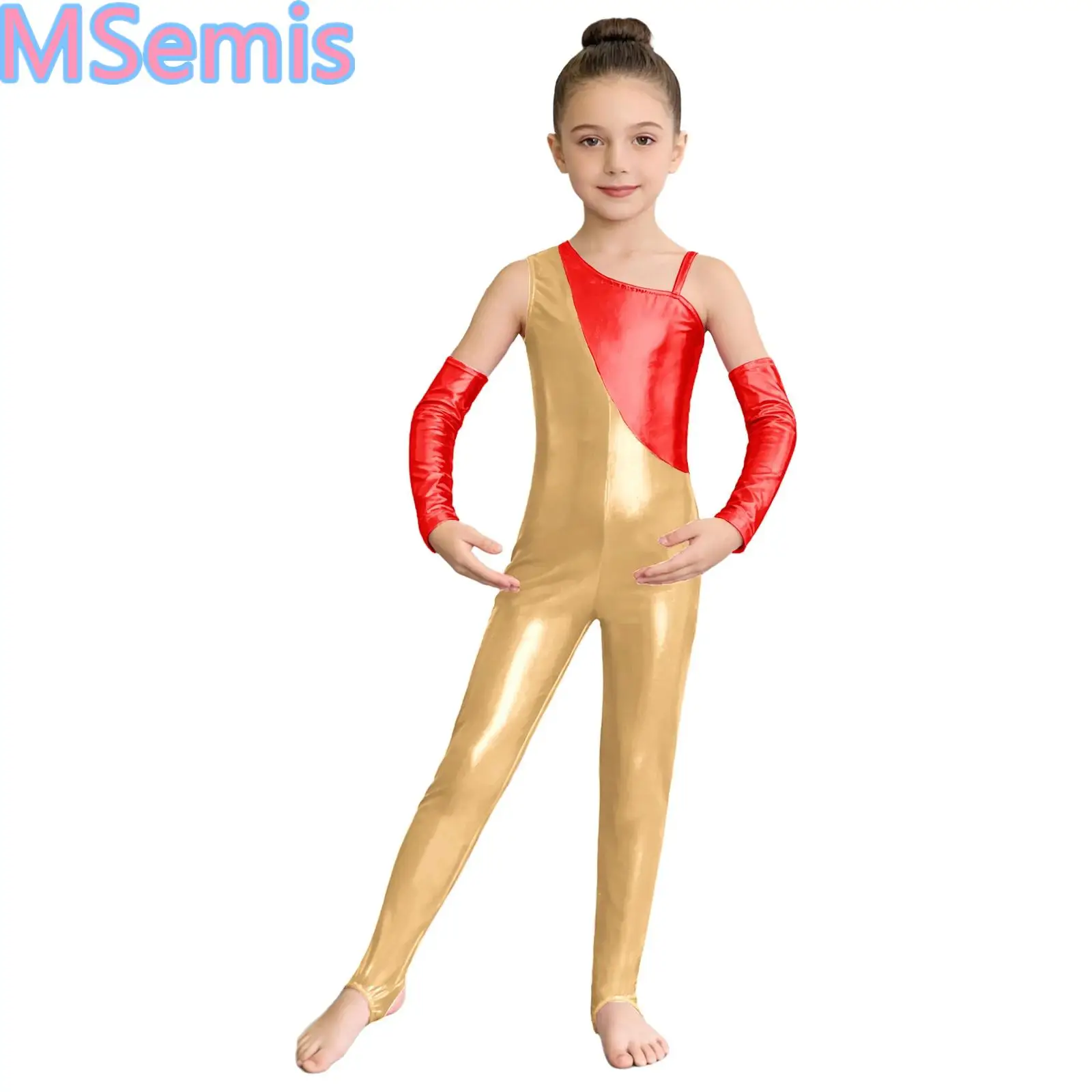 

Kids Girls Gymnastics Dance Outfit One Shoulder Side Invisible Zipper Color Block Metallic Jumpsuit with Foot Straps And Gloves