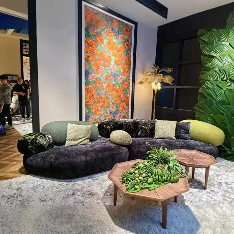 Minimalist Large Sectional Sofa for Living Room, Designer Module Couch with Accent Pillows and Puff Seats