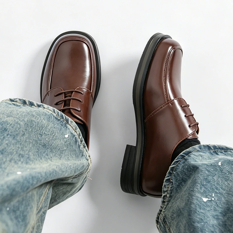 Fashion Brand Men's Low Heeled Square Toe Oxford Shoes Comfortable Spring Men's Business Lace Up Formal Wedding Leather Shoes